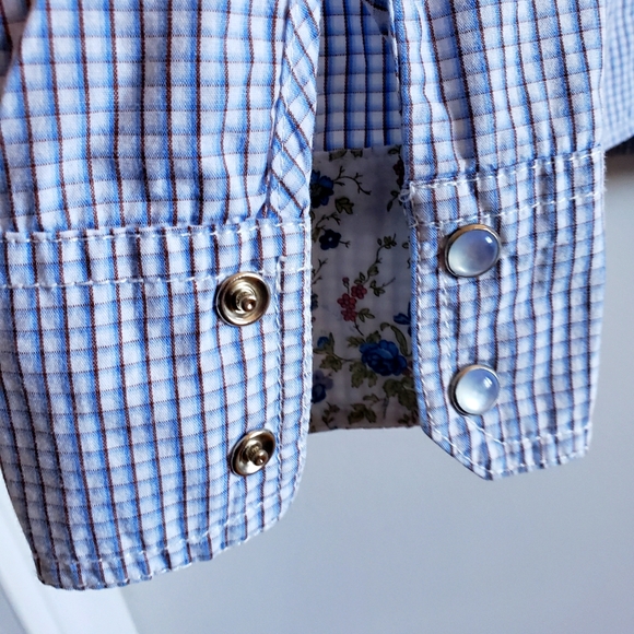 Razzle Dazzle Blue White Pinstripe Floral Button Down Button Cuffs Woman Large - Picture 6 of 8